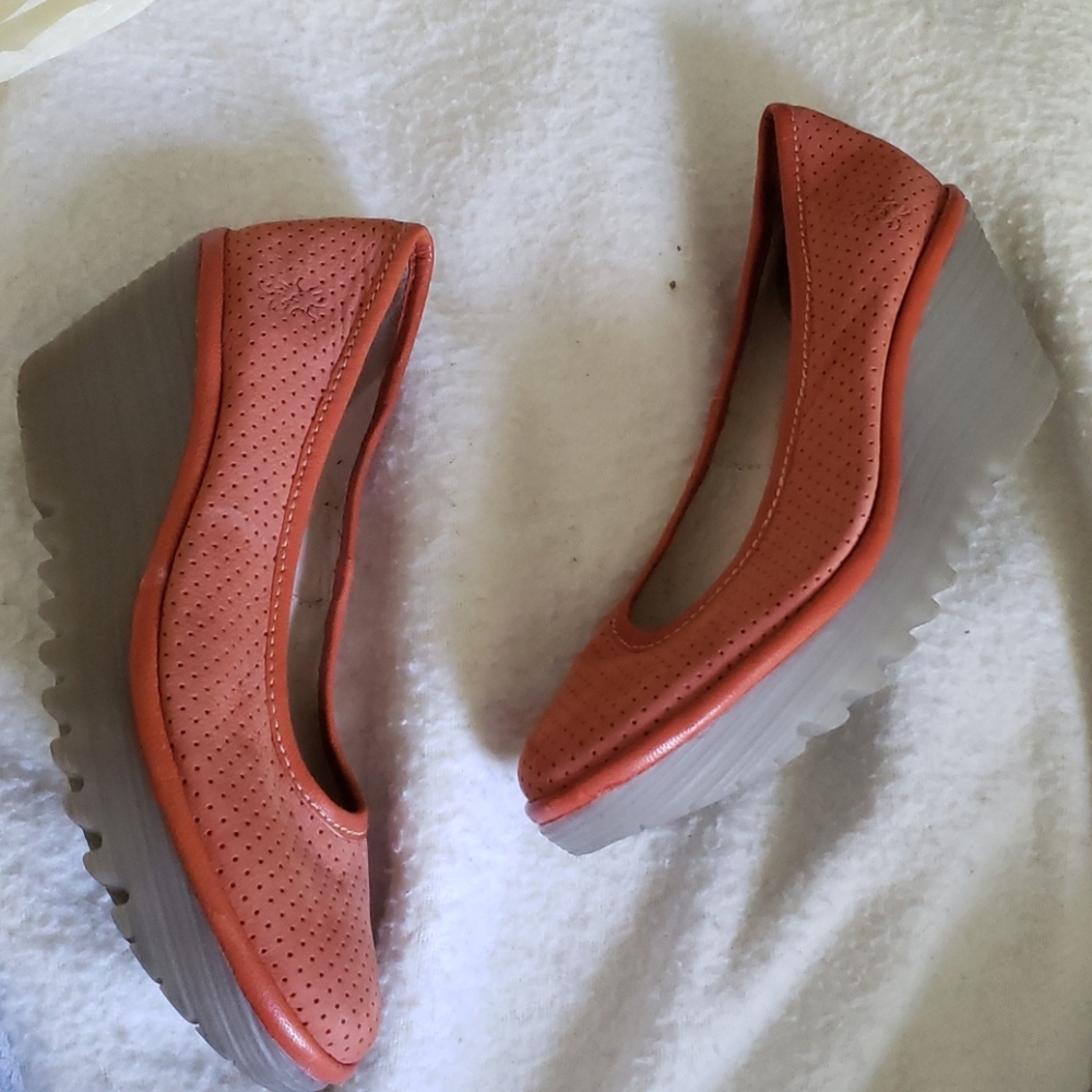 FLY London orange leather wedge
